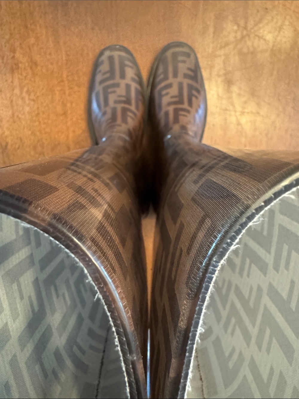 Fendi Brown FF Logo Glossy Rain Boots - Picture 7 of 10